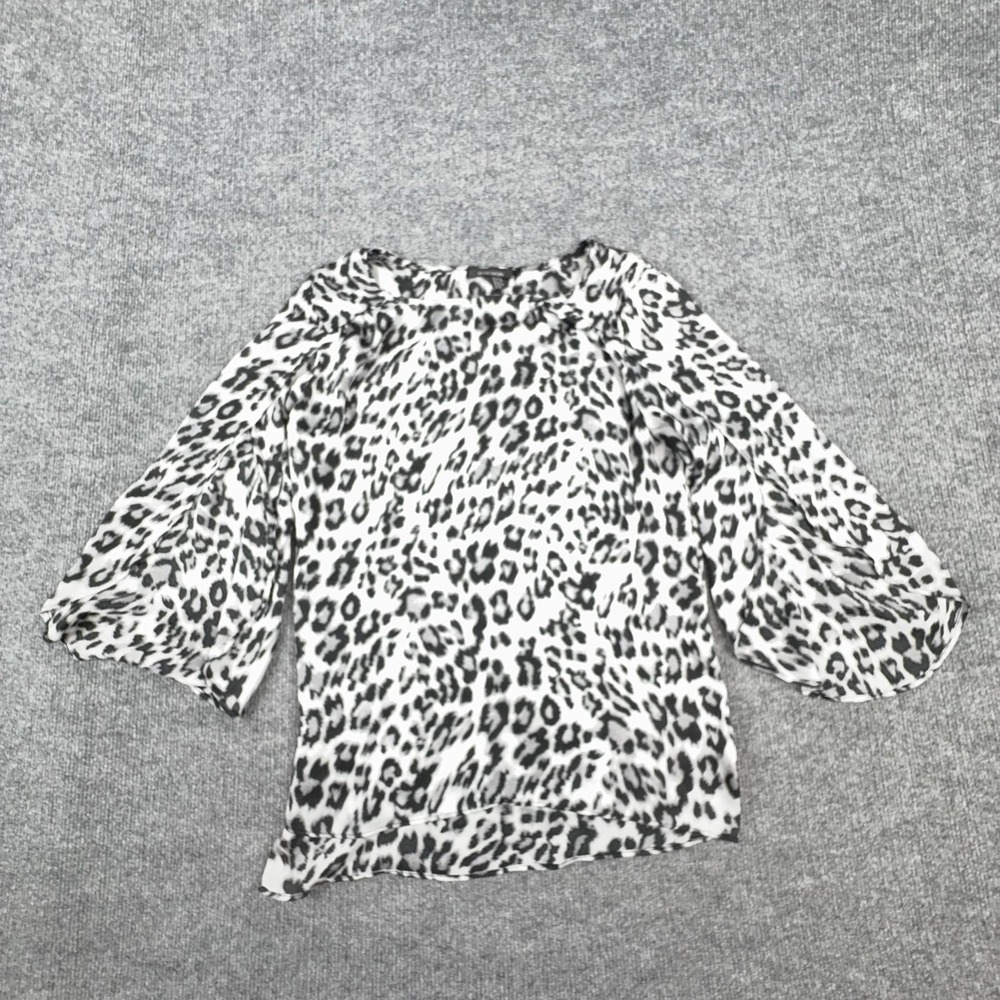 B-DESIGN Blouse Womens Medium White Leopard Print Slit Sleeve Sheer Chiffon